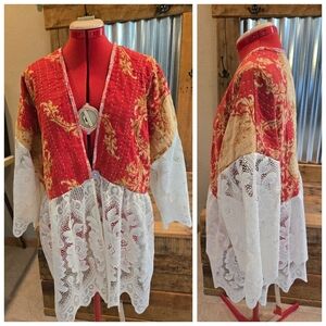Upcycled Kantha & Vtg Lace Peplin Jacket L-1X Handmade Dont Throw It Out